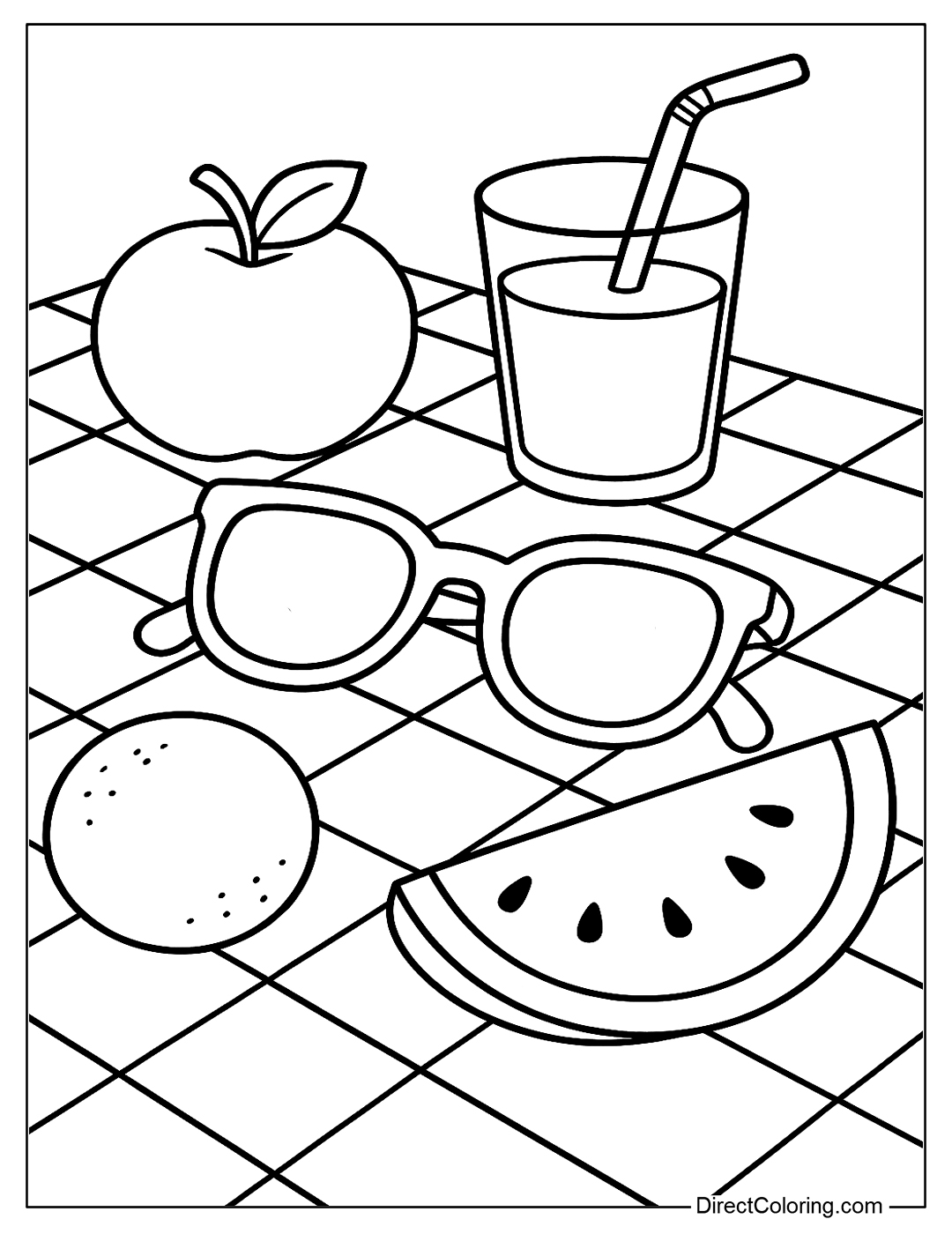 coloring page Sunglasses placed next to fruit and drinks on a picnic blanket